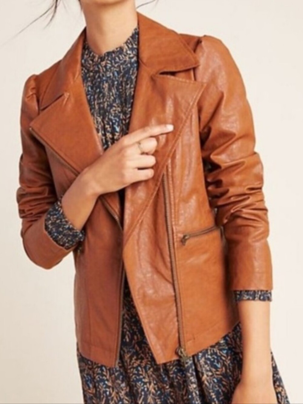 Anthropologie Y2K Moto Jacket Vegan Leather Cognac Brown Minimalist Boho Chic S